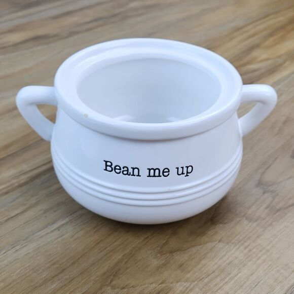 🔹️Mud Pie White Ceramic "Bean Me Up" Bean Pot w/Lid - Picture 4 of 11